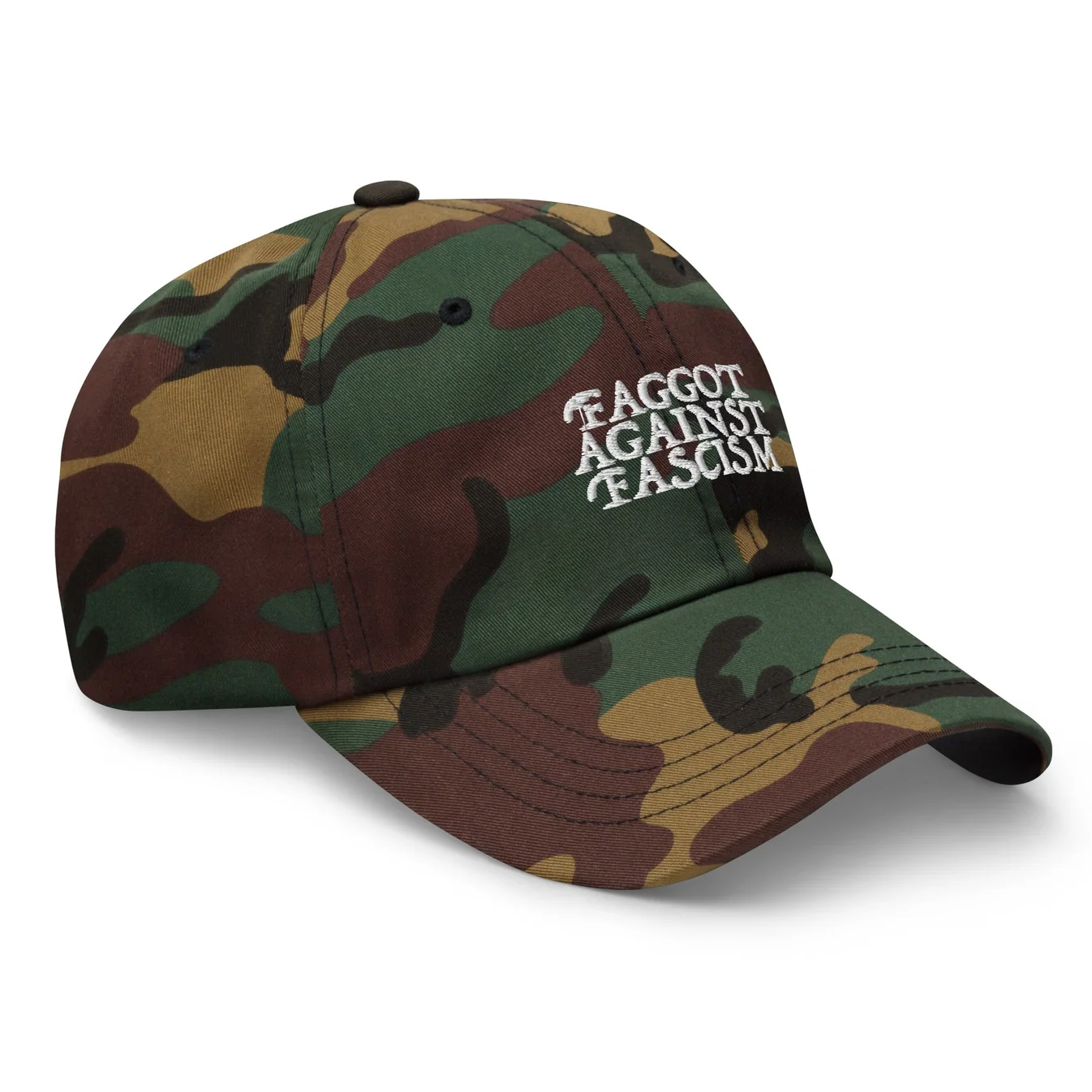 Faggot Against Fascism Dad Hat by YES HOMO in Green Camo - Image 3