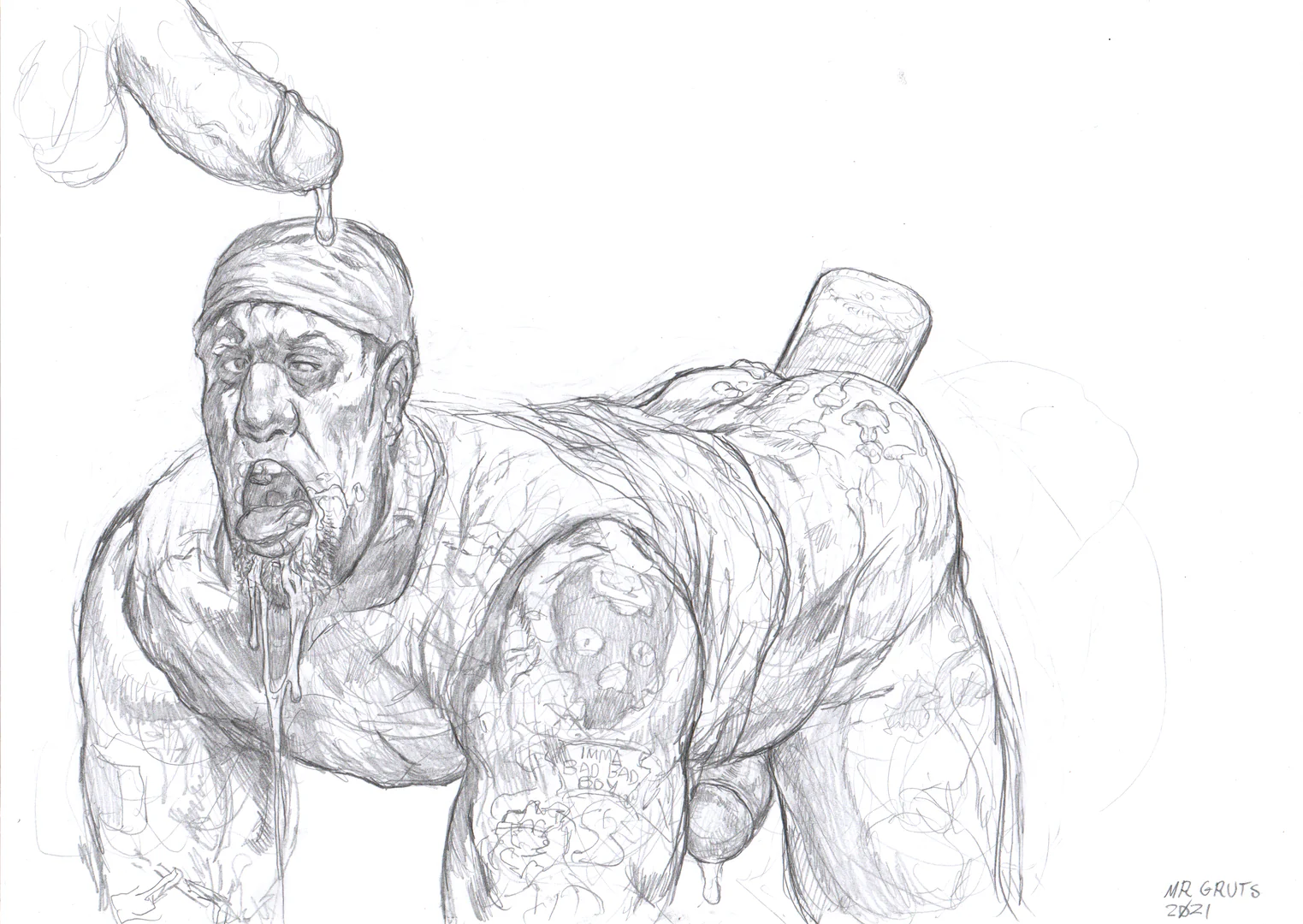 Mr. Gruts, After Work Redneck Meet : unused sketch (beer in butt), 2021