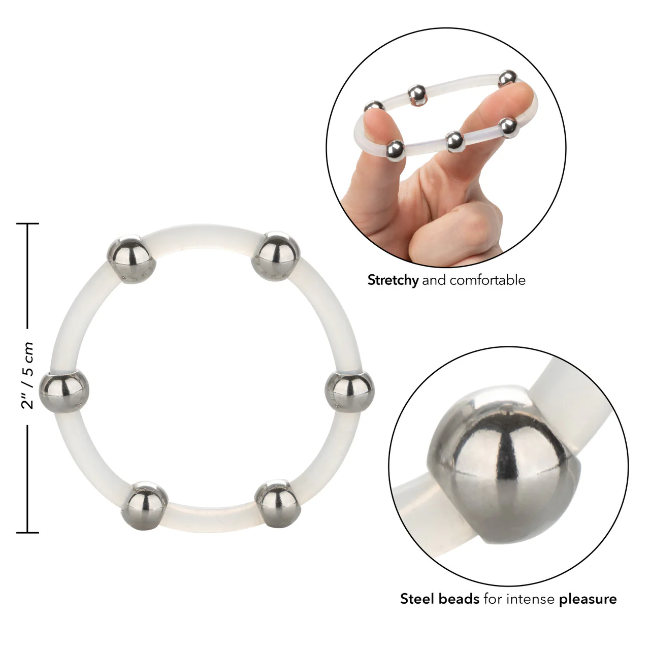 Steel Beaded Silicone Cock Ring - X-Large - Clear - Image 5